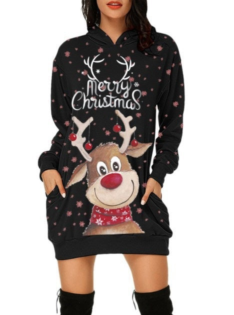 Christmas Women's Casual Elk Printing Long Sleeve Pocket Hooded Sweater Loose Dress