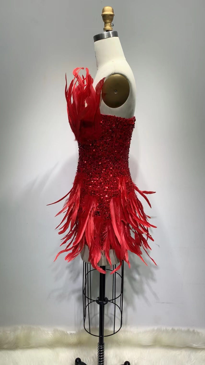 Red Paillette Feather Tube Top Hip Skirt