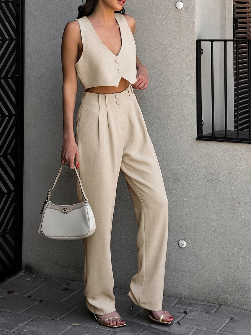 Women's Temperament Leisure Simple Vest High Waist Straight Pants Suit