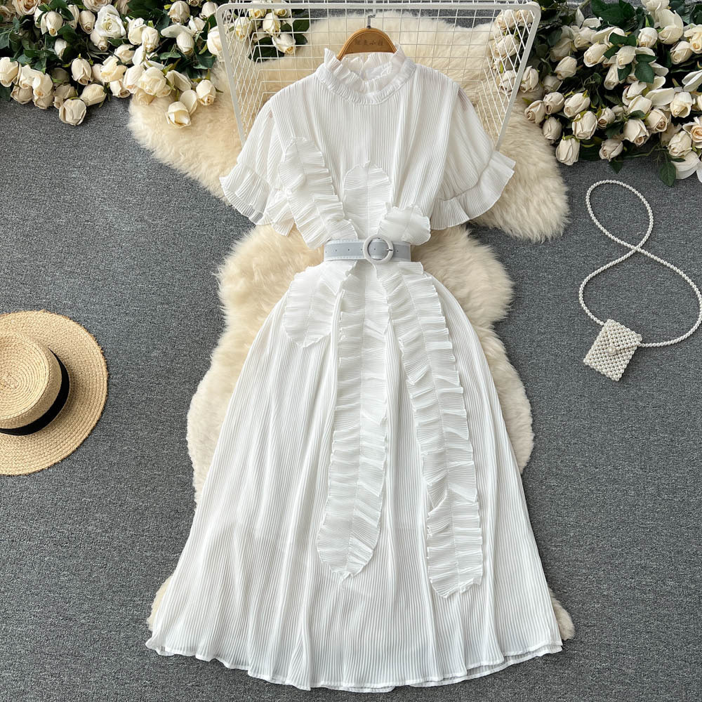 Pleated Ruffled Short Sleeves Dress Seaside Holiday Waist-slimming Long Dress