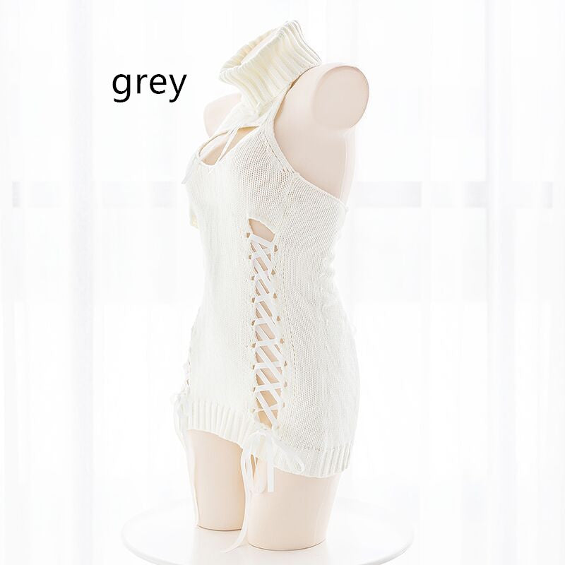 Open Chest Backless Turtleneck Sweater Ribbon Strap Suit For Women