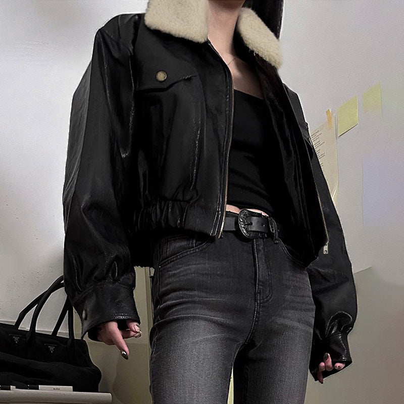 Retro Fur Collar Workwear Leather Jacket Design Sense