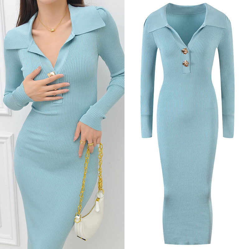 French Style Temperament Lapel Metal Buckle Long Sleeve Long Sheath Skirt