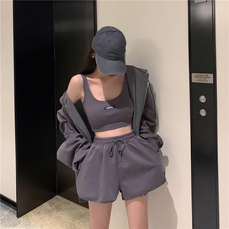 Women's Long Sleeve Athleisure Hooded Jacket Tank Top Shorts Three Piece