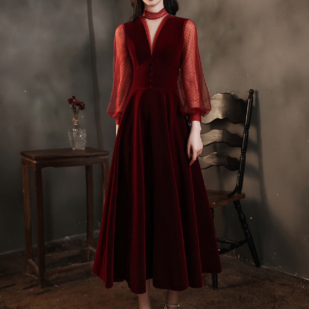 Women's Velvet Wine Red Banquet Dress