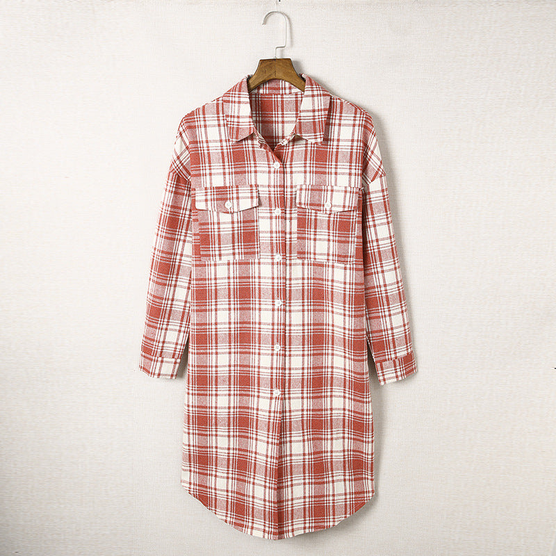 Women's Printed Checks Mid-length Shirt Coat