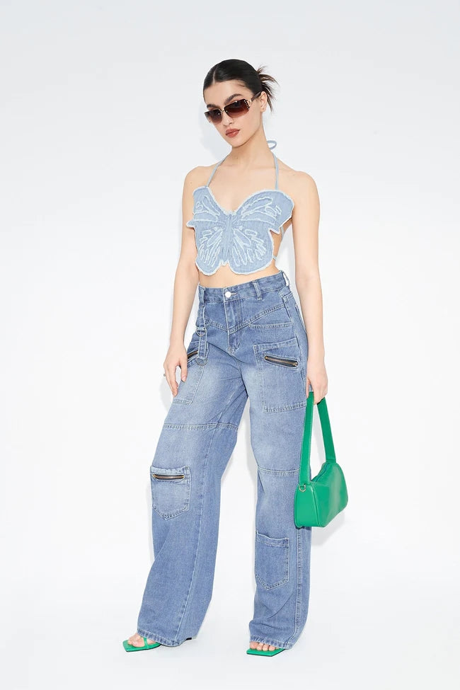 Thin Butterfly Pattern Denim Camisole Short Small Vest