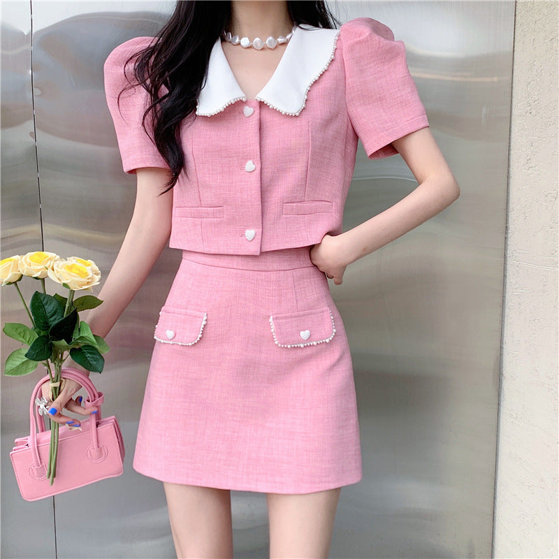 Women's Summer Doll Collar Cardigan Waist Skirt Set