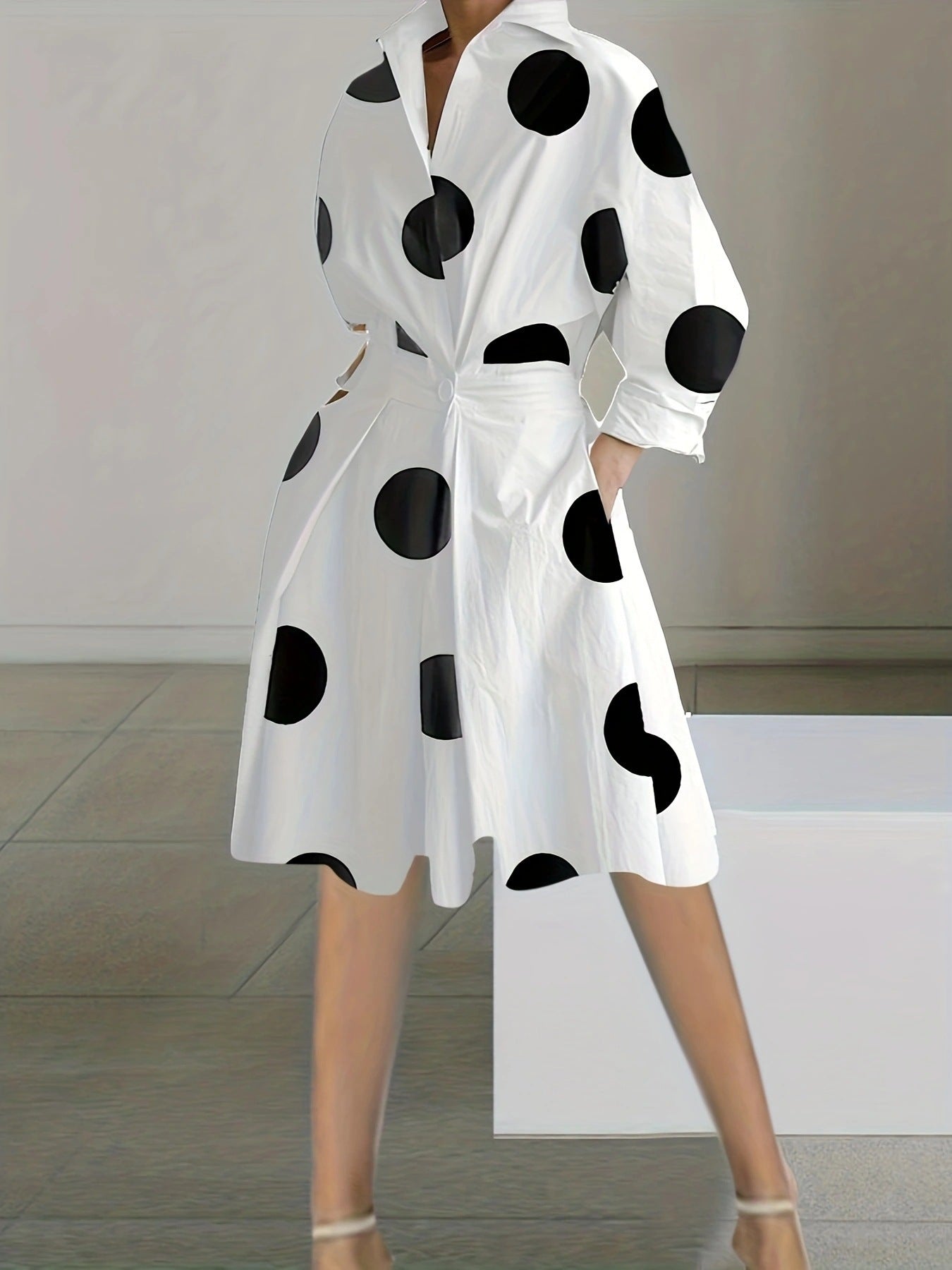 Long Sleeve V-neck Printed Mid-length Dress