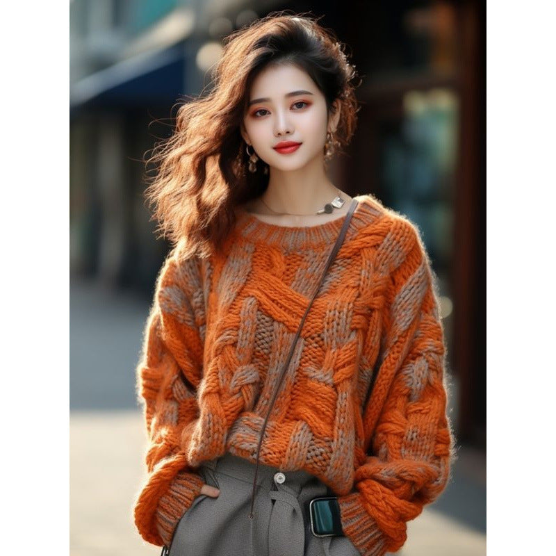 Orange Classic Style Thick Thread Sweater For Women