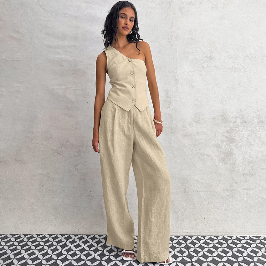 Cotton Linen Sleeveless Irregular Collar vest and pants