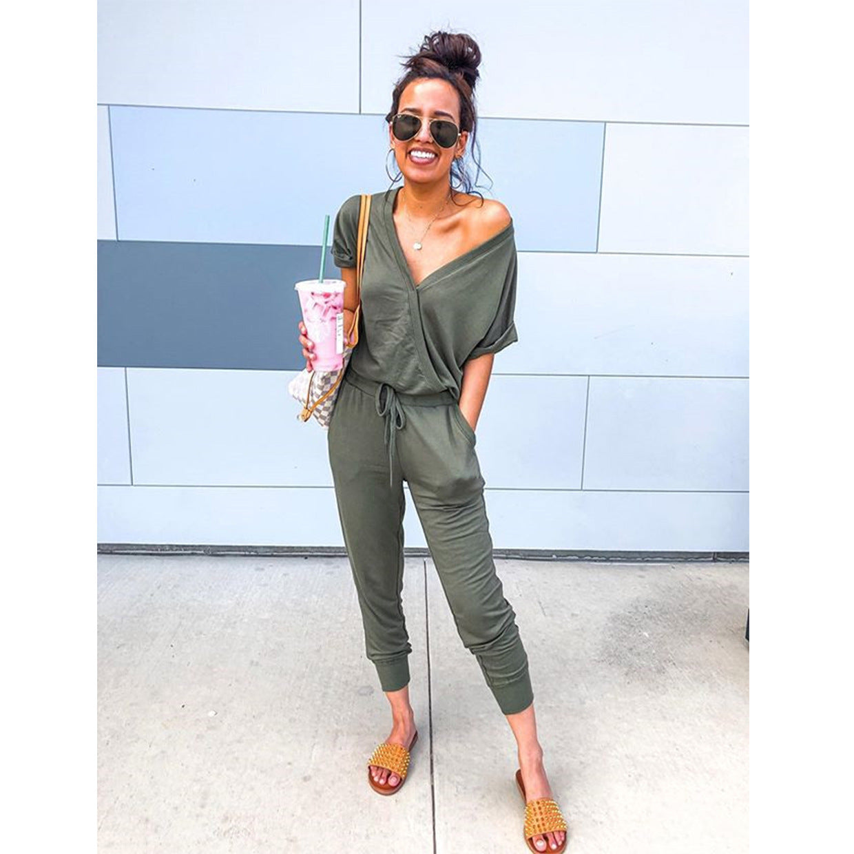 Women's Fashion Casual V-neck Fitted Waist Jumpsuit