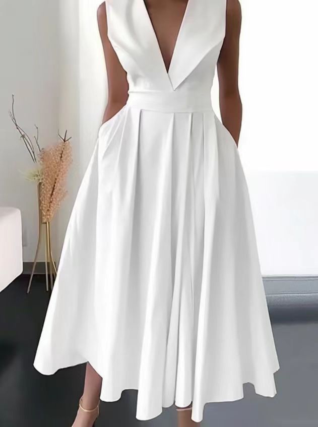 Summer Sleeveless Waist Pocket Large Swing Dress