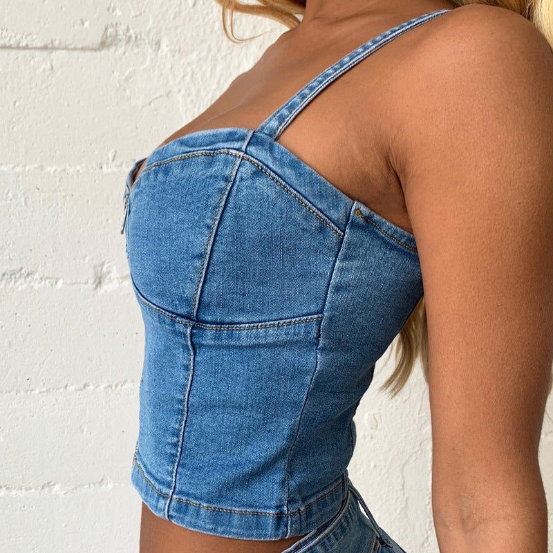 Denim Sling Zip Wrap Mini denim Tank-Top and Skirt