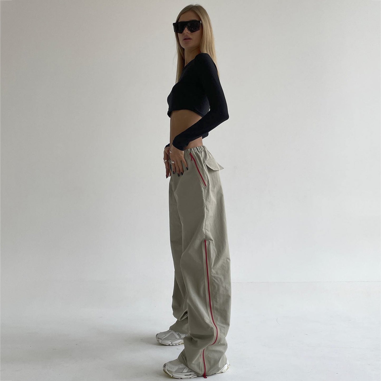 Retro Bell-bottom Pants Women's Contrast Color Zipper Wide Leg Casual Trousers