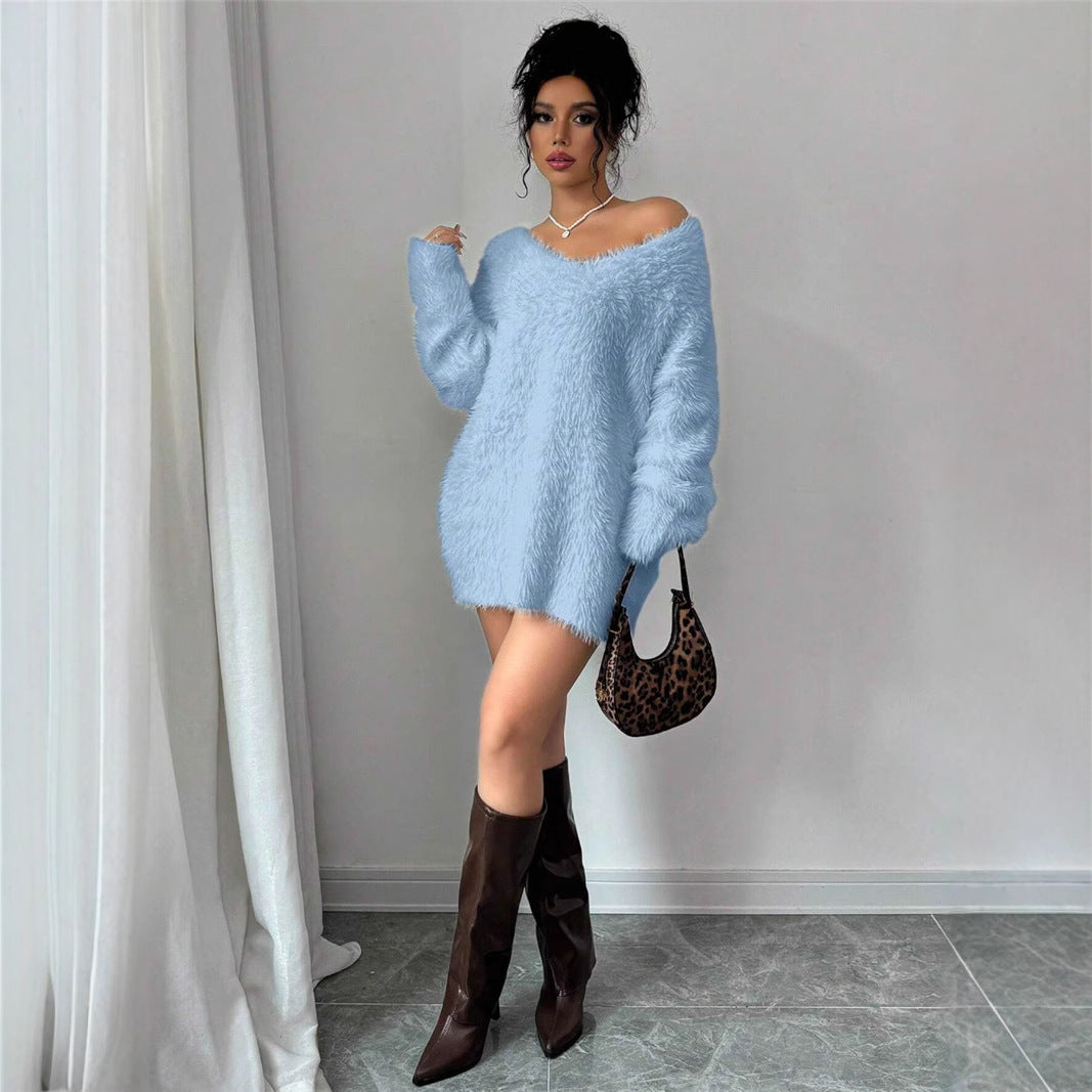 V-neck Solid Color Knitted Short Sweater Dress