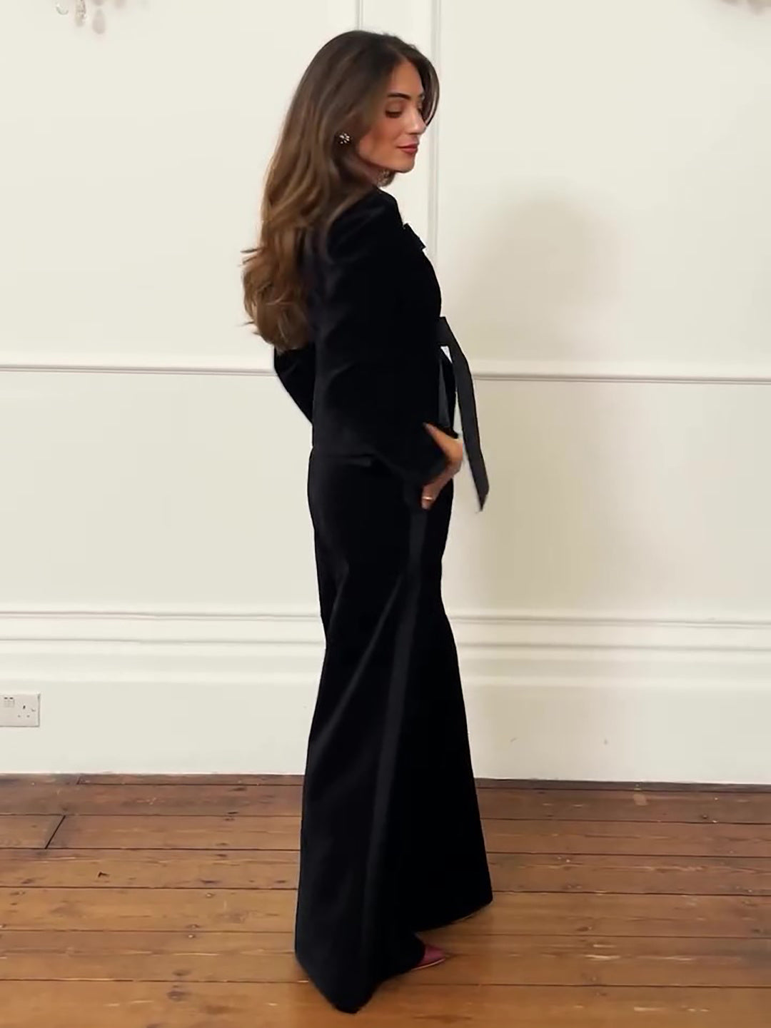 Black Velvet Bow Jacket & Wide-leg Pants Suit