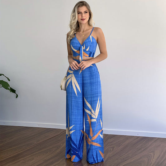 Linen V-neck Short Vest High Waist Print Wide-Leg Pants Two-piece Set