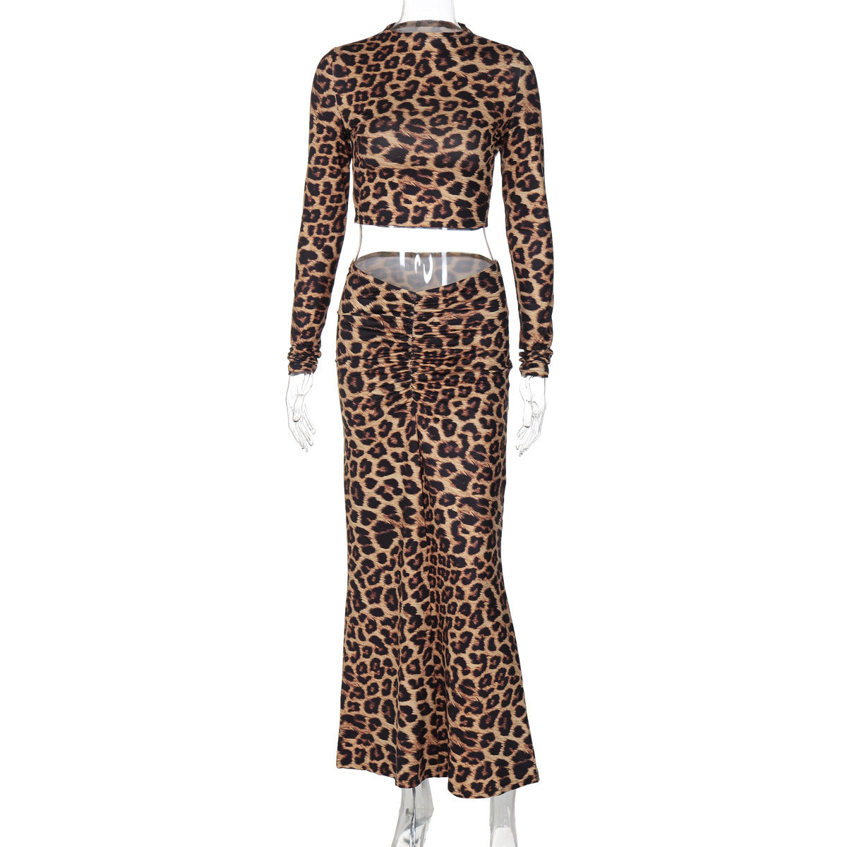 Leopard Print Elastic Pleating Long Sleeve top and Elegant skirt