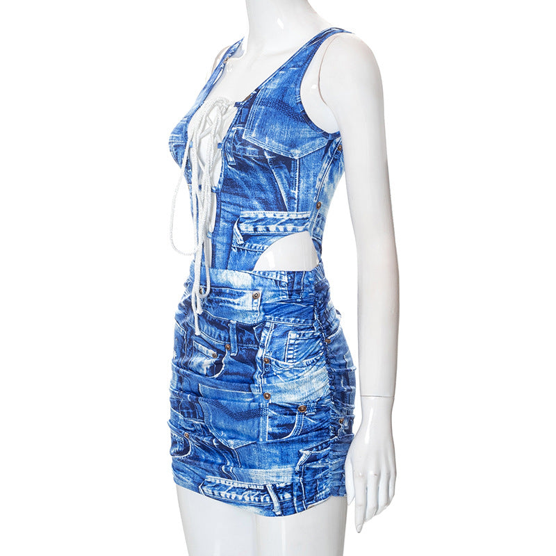 Fashion Women's Wear Autumn Denim Printed Lace-Up Dress