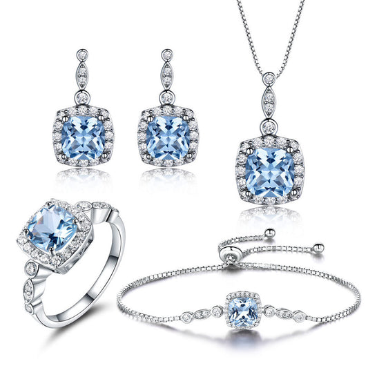 Sterling Silver Necklace Sky Blue Topaz Four-Piece Set