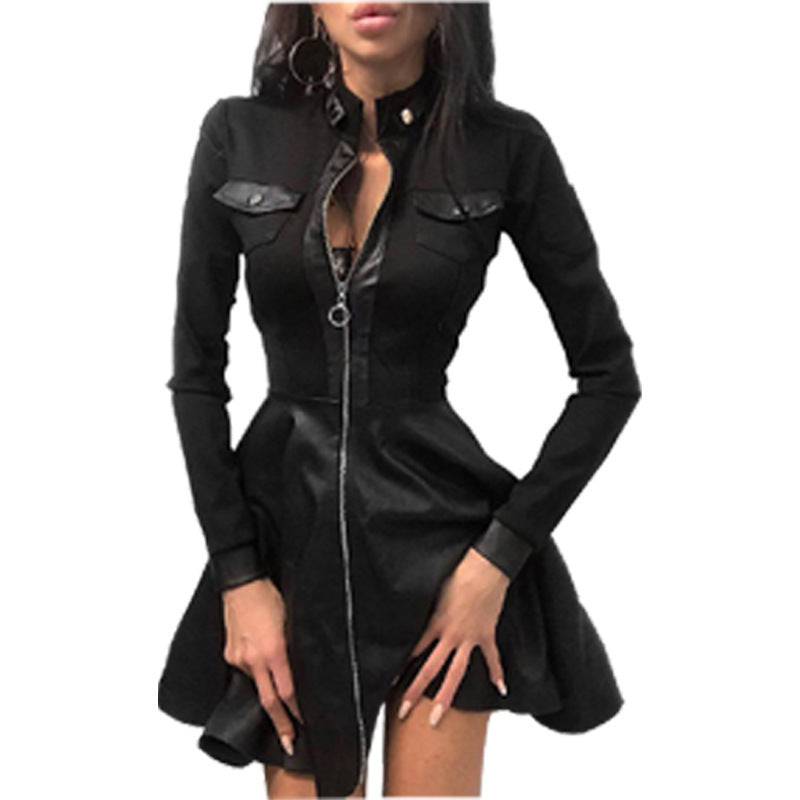 Long Sleeve V-neck Zipper Pu Pocket Dress