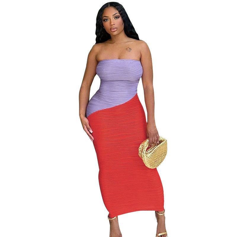 Fashion Elegant Bodycon Contrast Color Tube Top Dress