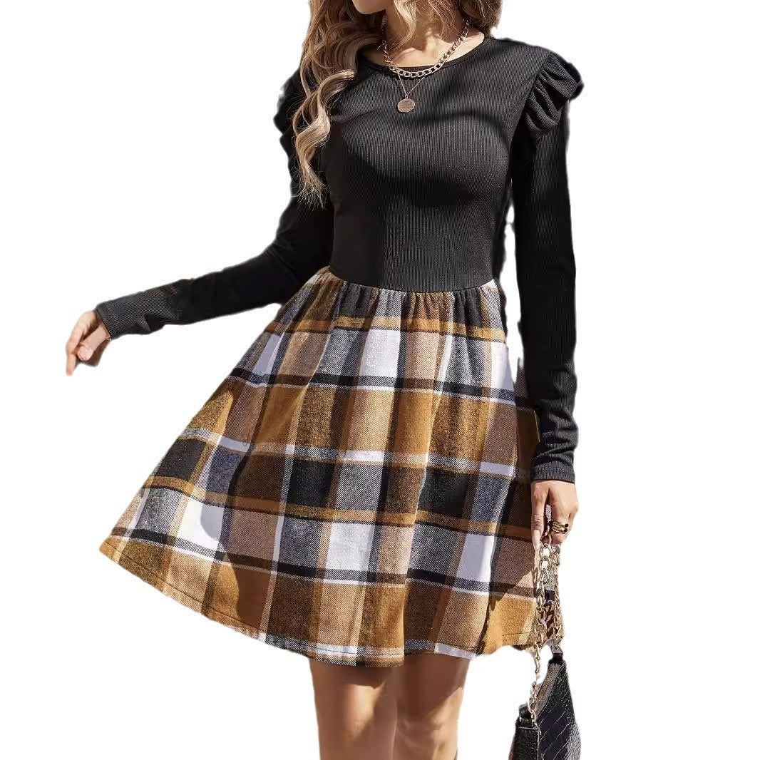 Sunken Stripe Stitching Plaid Long Sleeve Dress