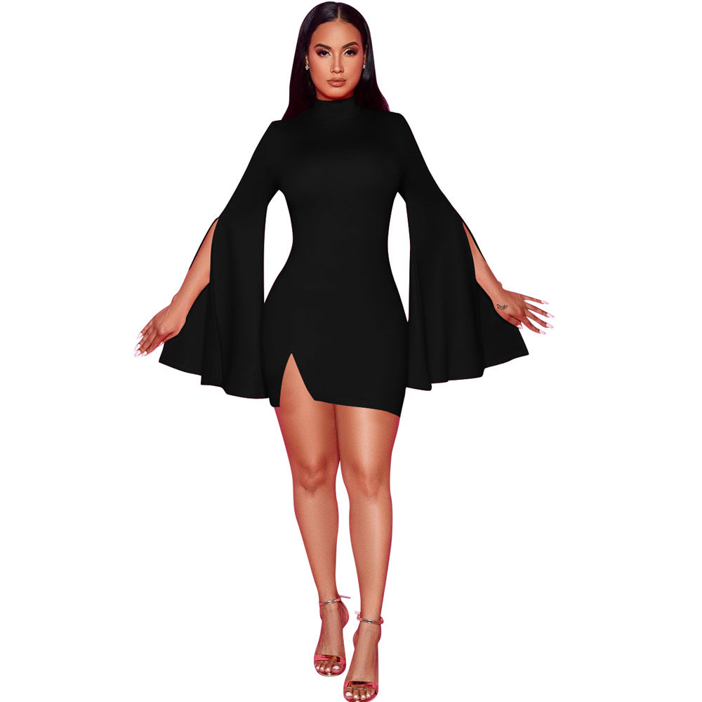 Women's Pure Color Split Flared Long Sleeve Dress