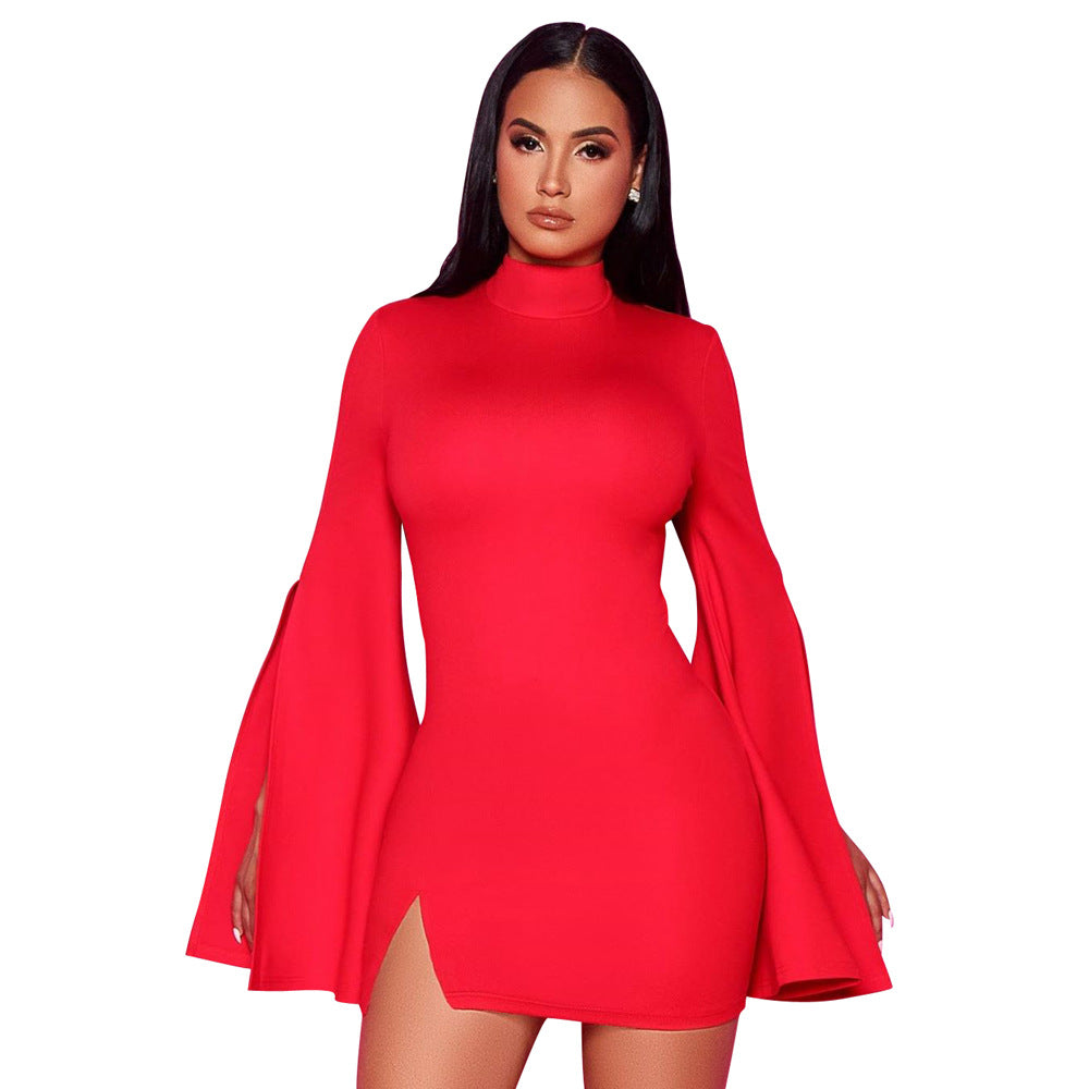 Women's Pure Color Split Flared Long Sleeve Dress