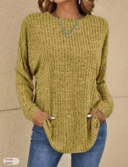 Knitted Round Neck Sunken Stripe Sweater