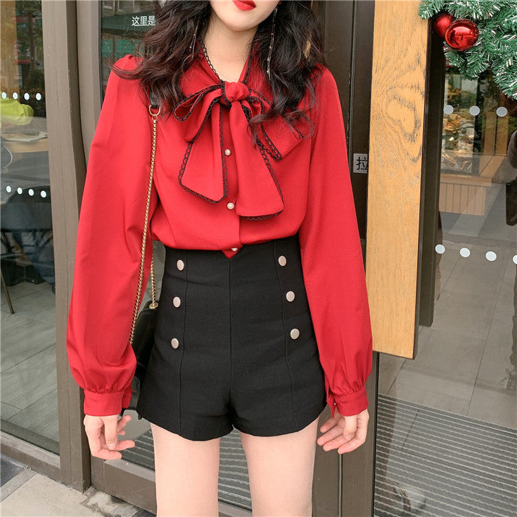 Retro Bow Tie Christmas Girl Drape Shirt Blouse Top