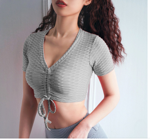 Casual Sexy Drawstring Jacquard Bubble Short-sleeved yoga crop-top