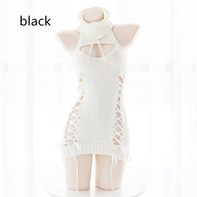 Open Chest Backless Turtleneck Sweater Ribbon Strap Suit For Women