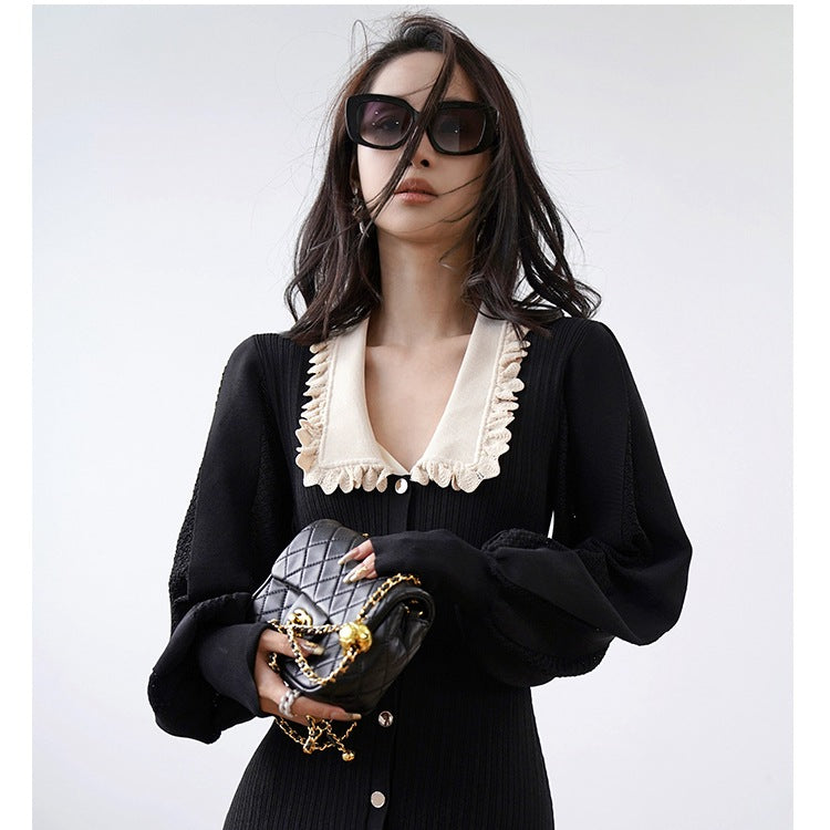 French Style Classic Style Lace Collar Bubble Long Sleeve Knitted Dress