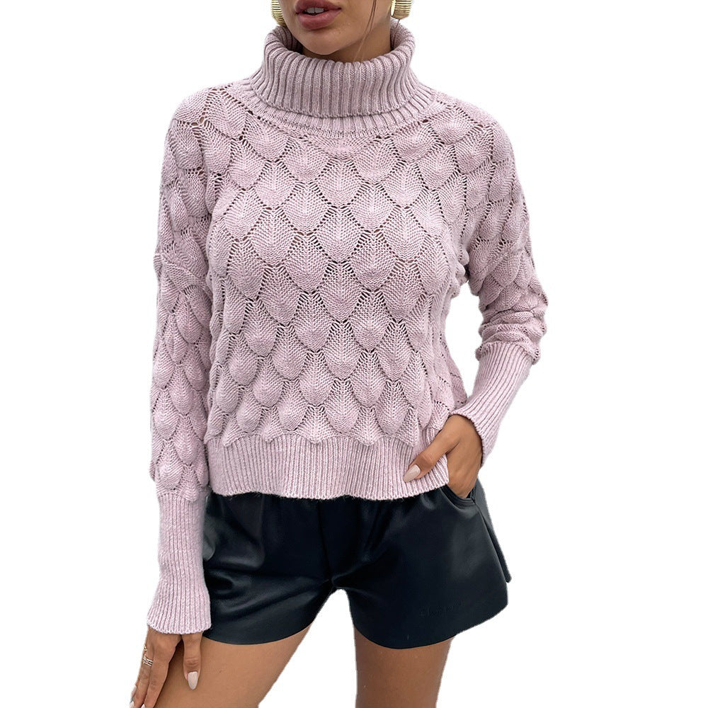 Women's Turtleneck Pullover Rhombus Sweater Solid Color