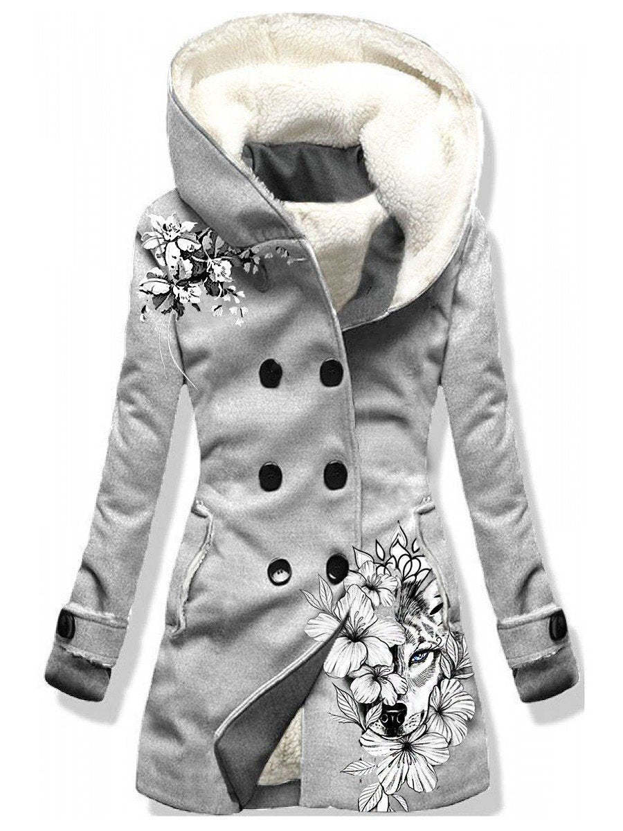 Digital Printing Double-breasted Fleece-lined Hooded Jacket