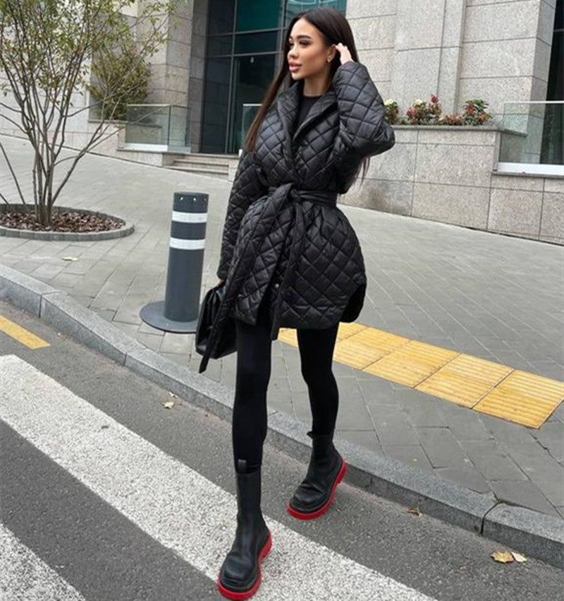 Slim-fit Lace Up Lapel Plaid Cotton-padded Coat