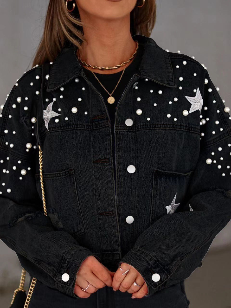European And American Heavy Industry Beads Women's Loose Denim Jacket