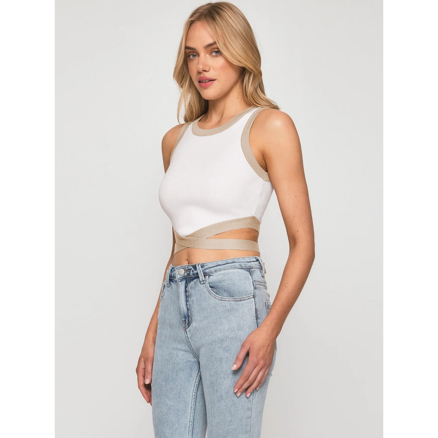 Short Cropped Cropped Tied Top Contrast Color Shirt