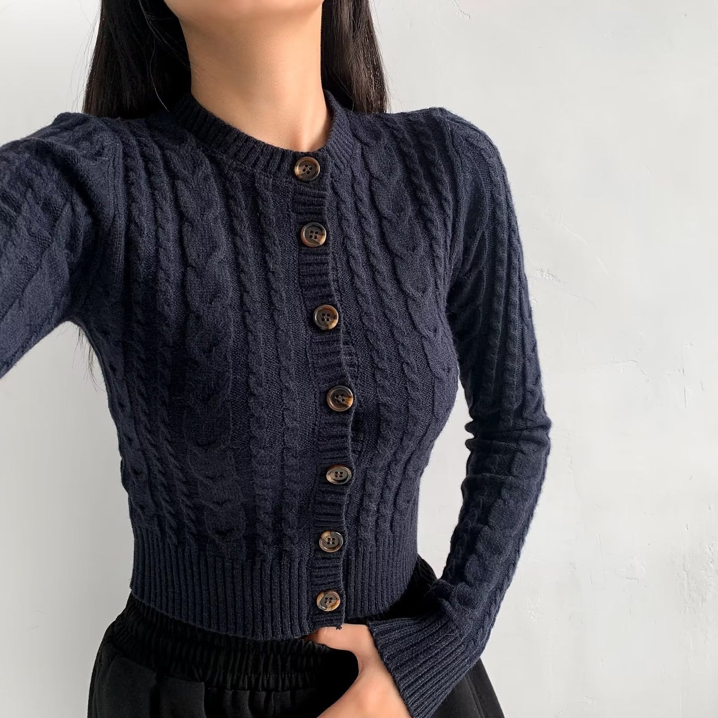 Women's American-style Retro Button Twist Long-sleeved Sweater