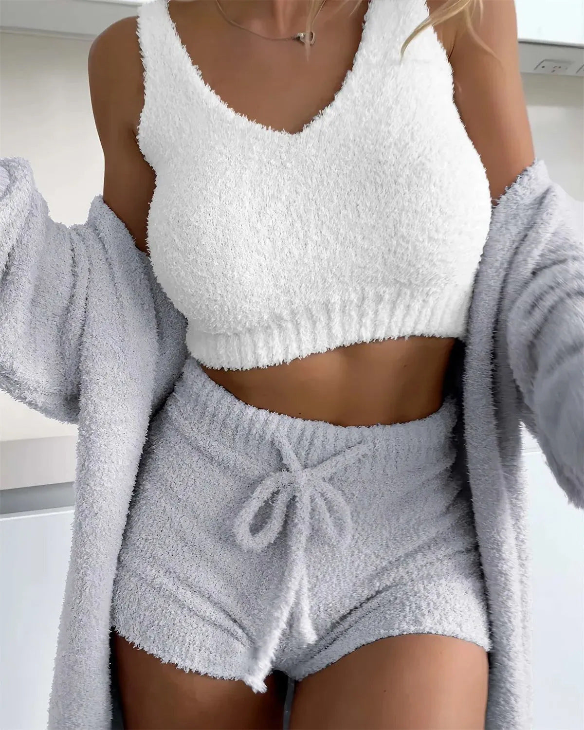 Thermal Three-piece Fluff Coat Spaghetti Strap Short Top Shorts Suit