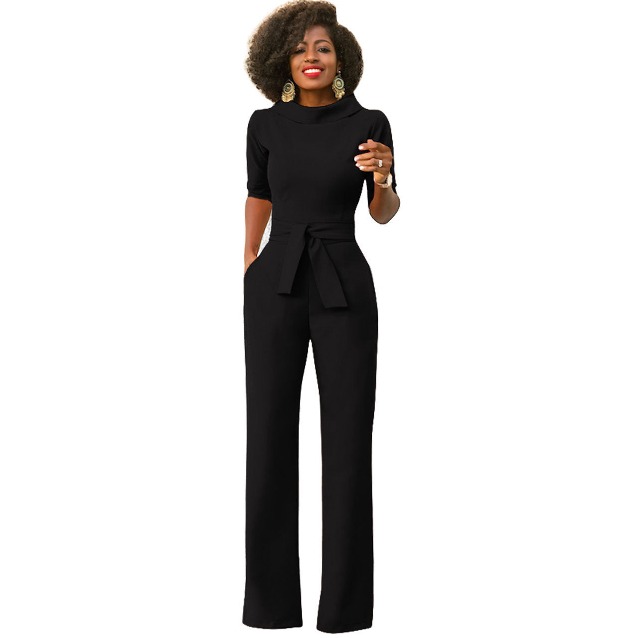 Solid Color Five Quarter Sleeve High Waist Wide Leg Jumpsuit