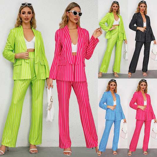 Women's Fashion Casual Striped Blazer Straight-leg Wide-leg Pants Suit