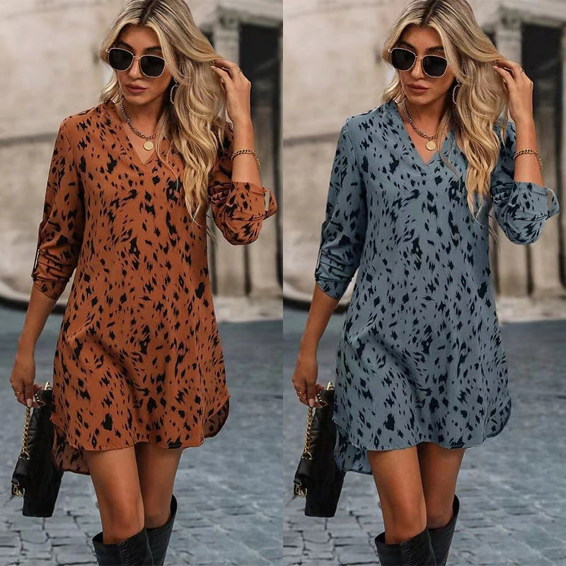 Slim-fit Leopard Print Fashion Stand Collar Long Sleeve Dress