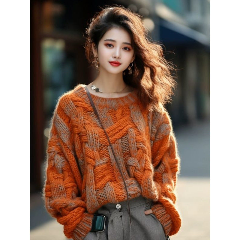 Orange Classic Style Thick Thread Sweater For Women