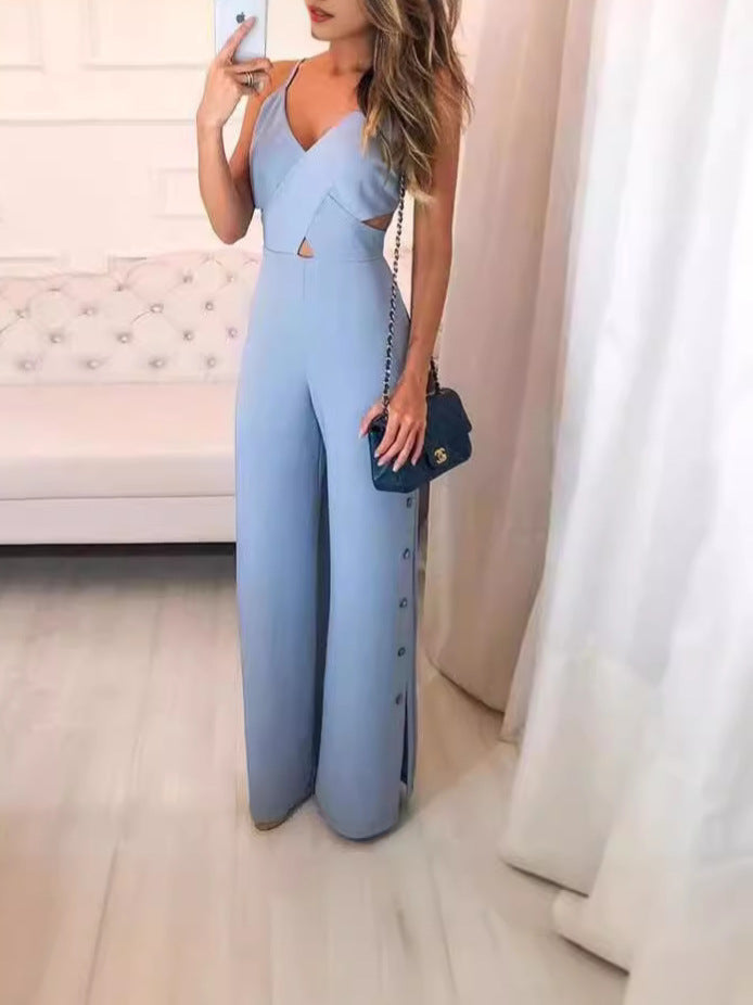 SLeeveless Hollow-out Camisole High Waist Slim Solid Color Jumpsuit