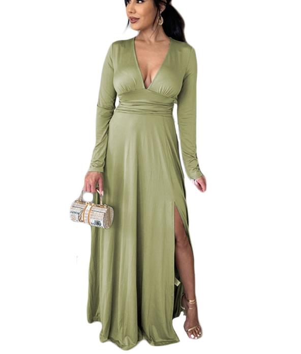 Women's Deep V Neck Long Sleeve Long Dresses Pleated High Waist Slit Club Party Evening Maxi Dress