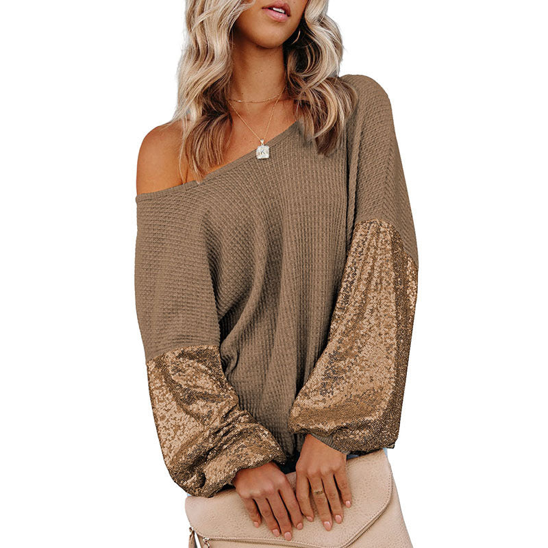 Sequined European And American Design Backless Waffle Knitted Sweater