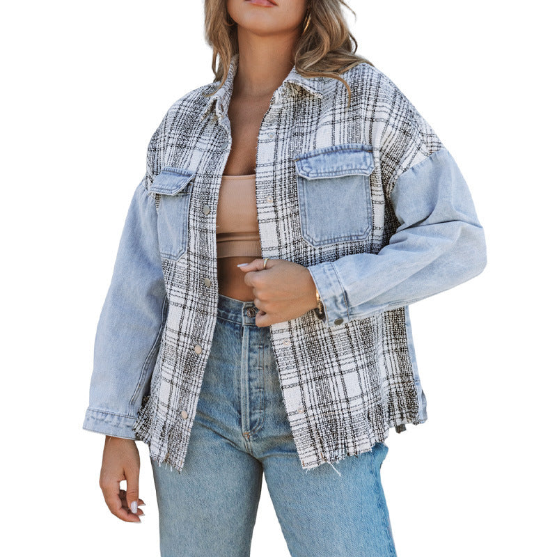 Plaid Patchwork Tassel Flap Pocket Denim Jacket